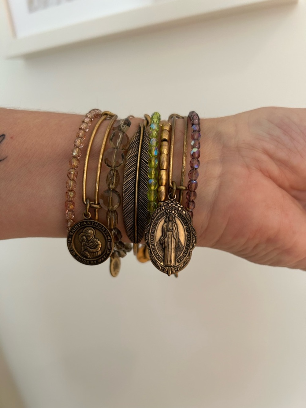 Alex and Ani Gold-Tone Stack with Pink, Purple & Green Beads